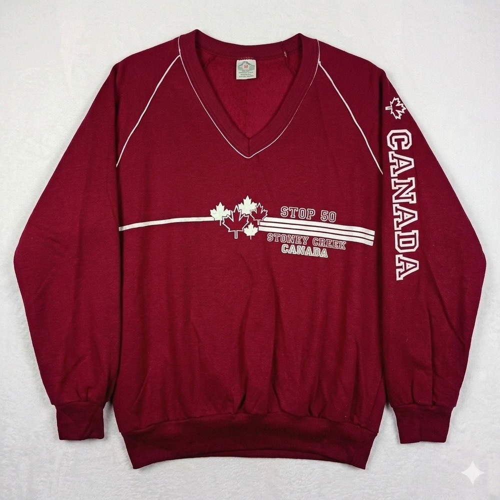 Vintage Stoney Creek Canada Stop 50 V-Neck Sweatshirt Burgundy Maroon XL